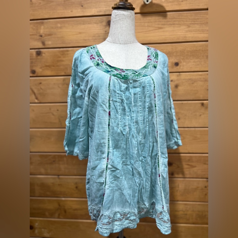 Gretty Jueger Embroidered Cotton Tunic Blouse Aqua Blue Size Small